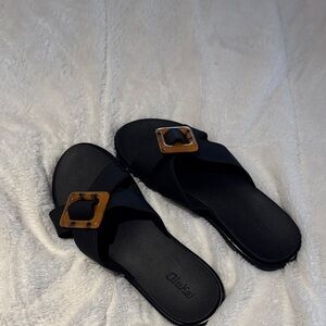 OluKai Black Sandals with Tan Buckle